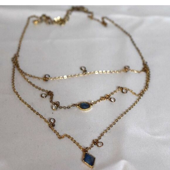 Vintage Layered Blue Beveled /Clear Crystal Accents Gold Tone Link 24" Necklace - Picture 1 of 4